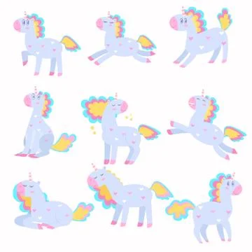 Set of cute unicorns playing, running with a beautiful multi-colored mane. Stock Illustration
