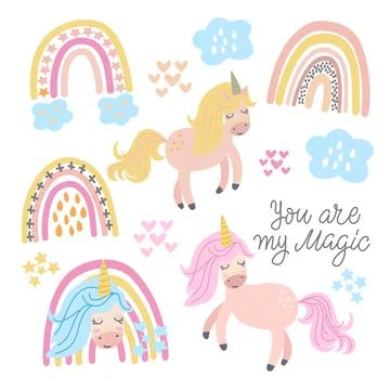 Set of cute unicorns, rainbow, clouds and lettering - you are my magic. Vector Stock Illustration