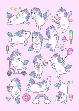 Set of cute unicorns with rainbow mane Stock Illustration