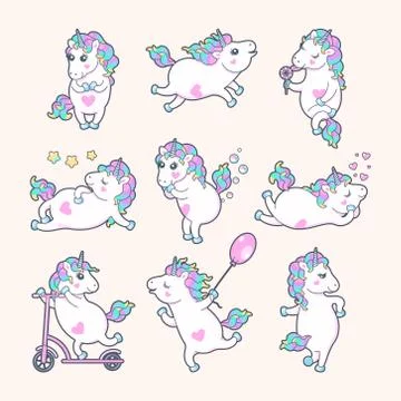 Set of cute unicorns with rainbow mane Stock Illustration