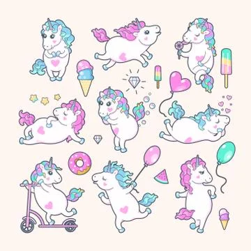 Set of cute unicorns with rainbow mane Stock Illustration