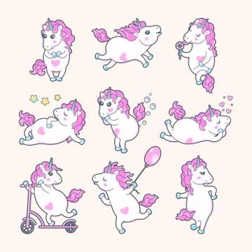 Set of cute unicorns with rainbow mane Stock Illustration