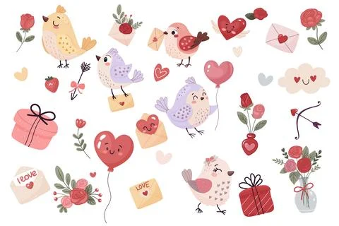 Set of cute Valentine day elements. Hearts, flowers, birds and more. Vector.. Stock Illustration