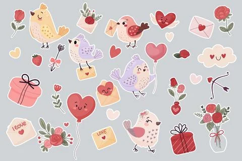 A set of cute Valentine's Day elements, stickers. Hearts, flowers, birds . .. Stock Illustration