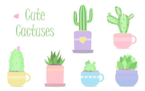 Set of cute vector cacti in pastel colors. Flat vector illustration in modern Stock Illustration