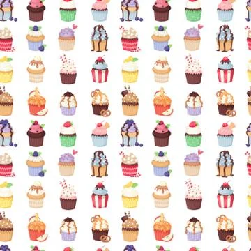 Set of cute vector cupcakes and muffins seamless pattern Stock Illustration