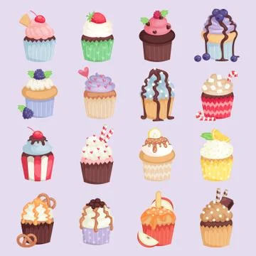 Set of cute vector cupcakes and muffins isolated illustration Stock Illustration