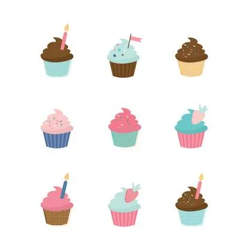 Set of cute vector cupcakes and muffins. Delicious cupcakes and vector sprinkles Stock Illustration