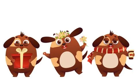 Set of cute vector dogs. Dog, puppy, character, happiness, holiday, joy, sm.. Stock Illustration