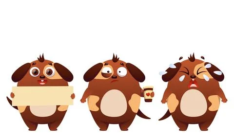 Set of cute vector dogs. Dog, puppy, character, tears, burnout, stress, joy.. Stock Illustration
