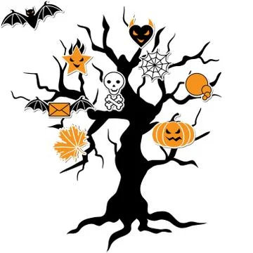 Set of cute vector Halloween icons in terrible tree Stock Illustration