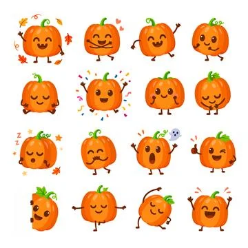 Set of cute vector Halloween pumpkins with various facial expressions and pos Stock Illustration