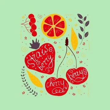 Set of cute vector hand drawn fruits on a green background. Stock Illustration