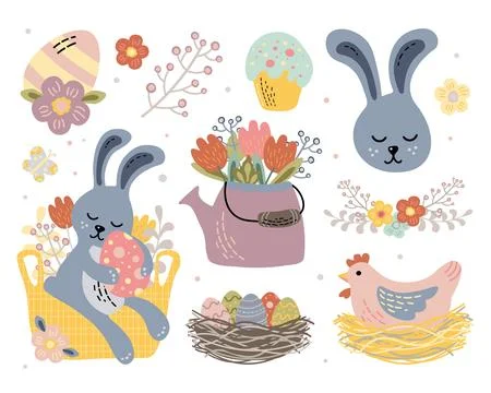 A set of cute vector illustrations on the theme of easter bunny on a basket of Illustrazione stock