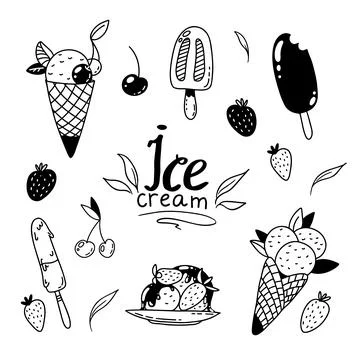 Set of a cute vector images of differen ice-creams drawn in doodle style Stock Illustration