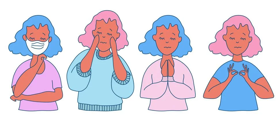 Set of cute vector people with closed eyes ethnicity. Women with dark skin in Stock Illustration