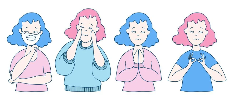 Set of cute vector people with closed eyes. Women in different dresses in pastel Stock Illustration
