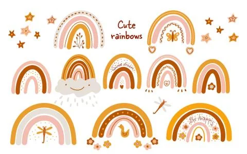 Set of cute vector posters with boho rainbows. Stock Illustration