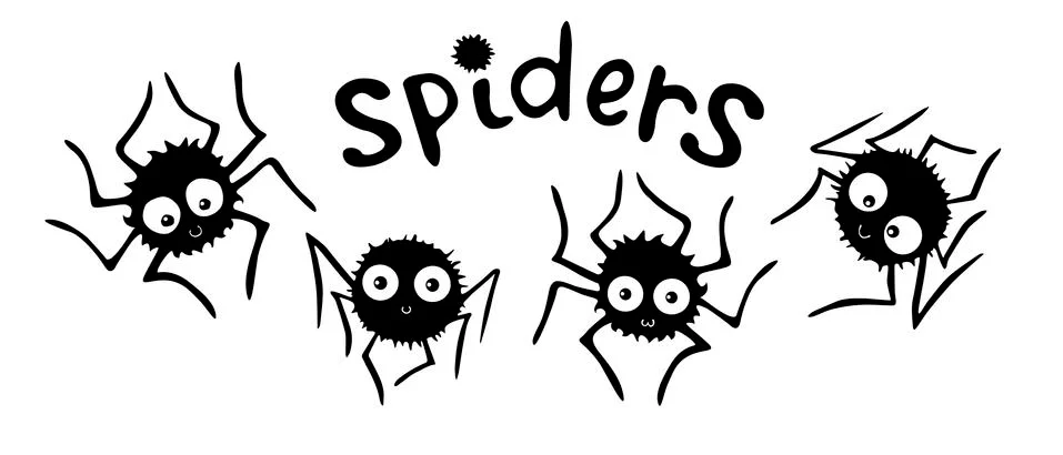 Set of cute vector spiders with lettering. Hand drawn funny insects in doodle Stock Illustration