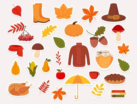 Set of cute vector stickers autumn elements. Flat style. Illustrazione stock
