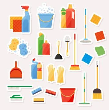 Set of cute vector stickers cleaning. Flat style. Illustrazione stock