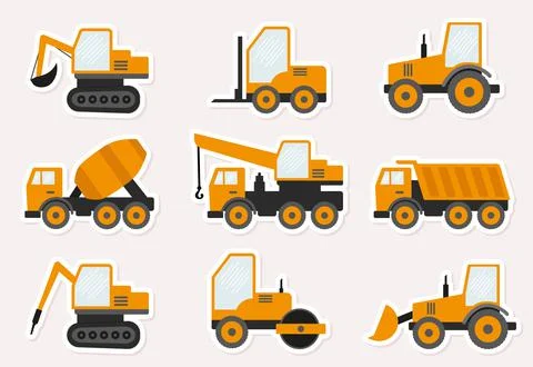 Set of cute vector stickers of construction machinery. Flat style. Stock Illustration