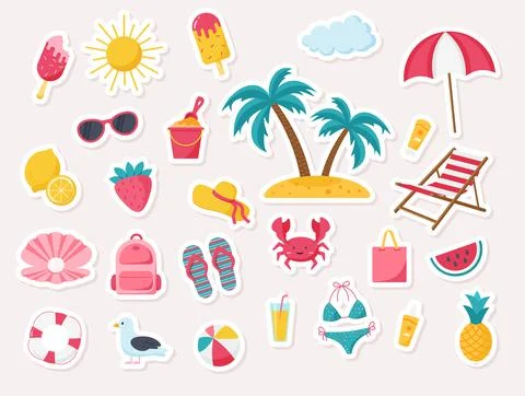 Set of cute vector summer stickers, beach theme. Flat style. Stock Illustration
