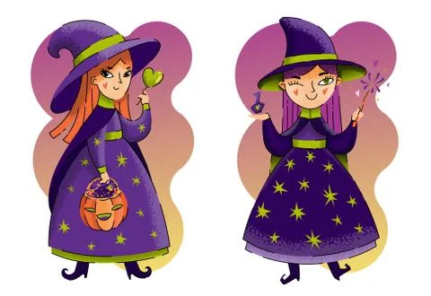 Set of cute vector witch characters. Funny holiday vector illustration. Stock Illustration
