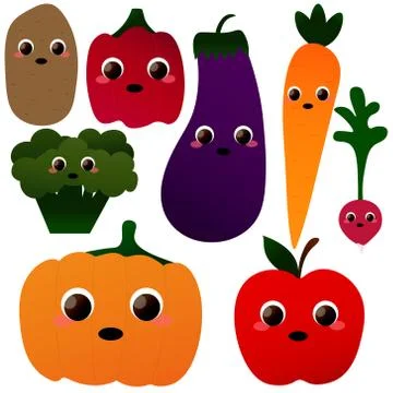 Set of cute vegetables characters - eggplant, radish, potato, pumpkin, carrot Stock Illustration
