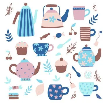 Set of cute vintage tea cups, teapots and kettles. Hand drawn vector illust.. Stock Illustration