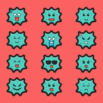 Set of cute virus character with different expression cartoon vector icon ill Stock Illustration