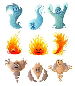 Set of cute water, fire, ground monster, comic character Stockillustratie