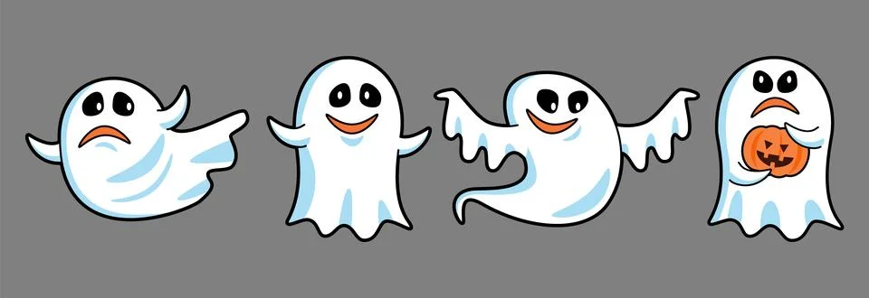 Set of cute White cloth ghost cartoon characters . Halloween concept . Isol.. Stock Illustration