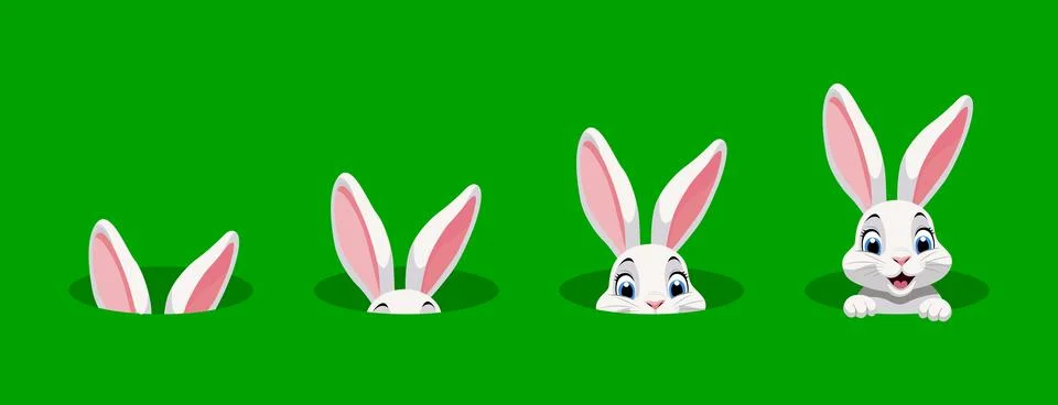 Set of cute white Easter bunnies peeking out of burrows. Vector illustration Stock Illustration