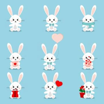 Set of cute white rabbits in sitting pose with different things in its paws Stock Illustration