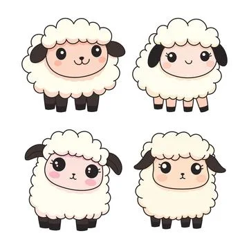 Set of Cute White Sheep Lamb Farm Animal Mascot Cartoon Character with Happ.. Ilustração Stock