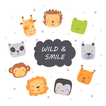 Set of cute wild animals faces. Hand drawn style vector illustration. Stock Illustration