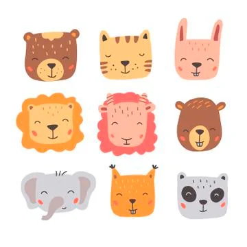 Set of cute wild animals faces. Hand drawn style vector illustration. Stockillustratie