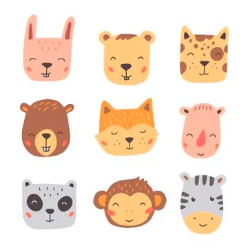 Set of cute wild animals faces. Hand drawn style vector illustration. Stockillustratie