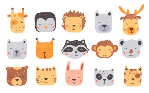 Set of cute wild animals faces. Hand drawn style vector illustration. Stockillustratie