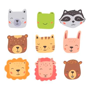 Set of cute wild animals faces. Hand drawn style vector illustration. Stockillustratie