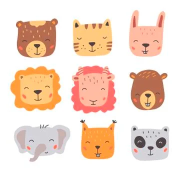 Set of cute wild animals faces. Hand drawn style vector illustration. イラスト素材