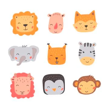 Set of cute wild animals faces. Hand drawn style vector illustration. Stock Illustration