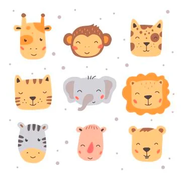 Set of cute wild animals faces. Hand drawn style vector illustration. Stock Illustration