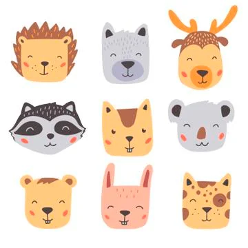 Set of cute wild animals faces. Hand drawn style vector illustration. Stock Illustration