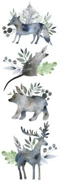 Set of cute wild animals in the forest: fox, bear, hedgehog, rabbit, snail, deer Illustrazione stock