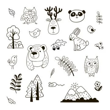 Set of cute wildlife doodles. Vector clipart. Stock Illustration