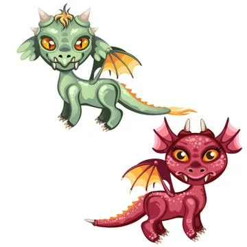 Set of cute winged dragons red and green color isolated on white background Stock Illustration
