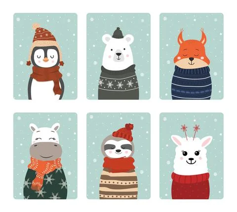 Set of cute winter smiling animals with snowflakes. Cartoon zoo. Vector Stock Illustration