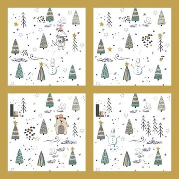 Set of Cute winter trees seamless pattern on white background Illustrazione stock